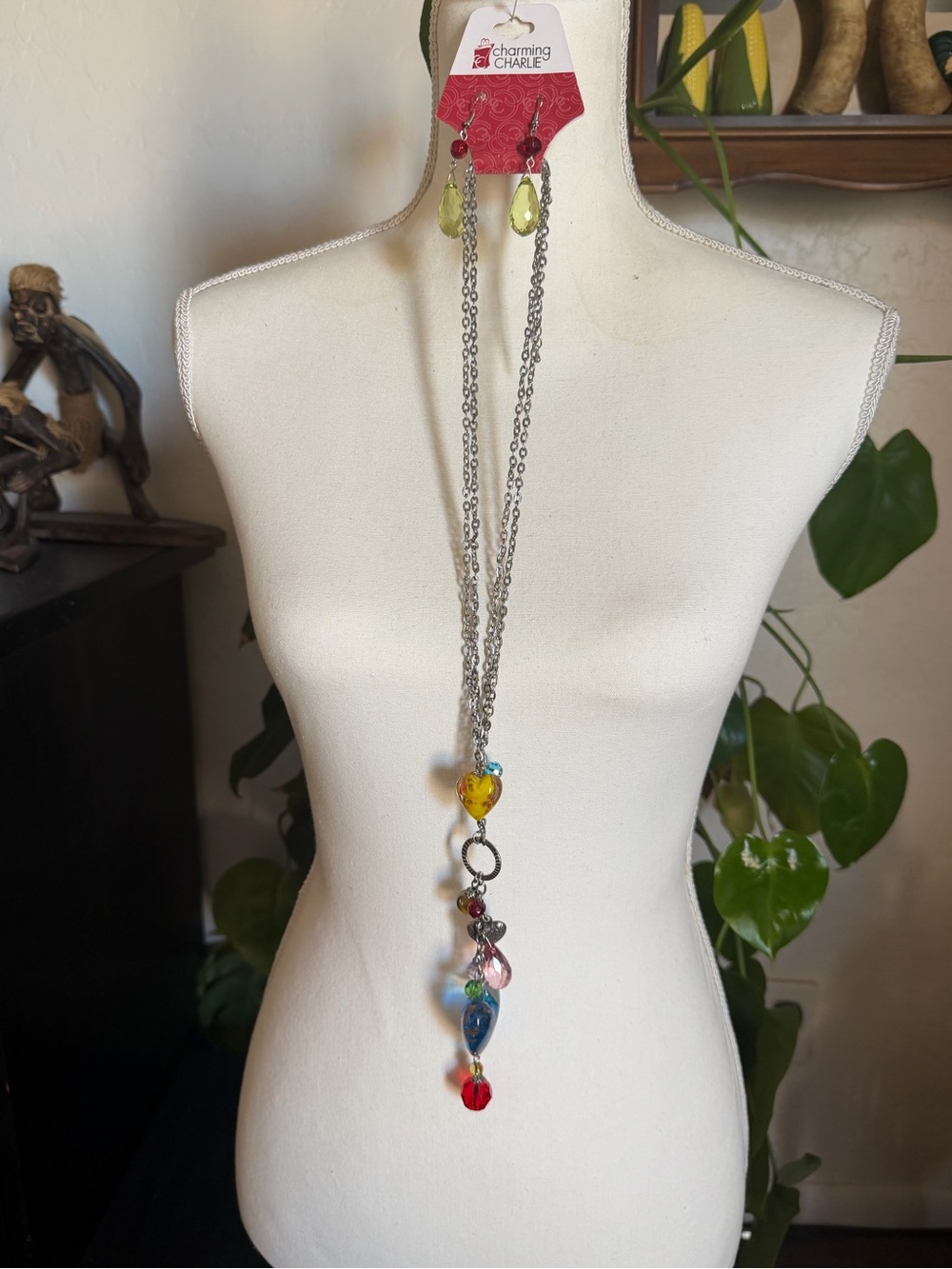 Charming Charlie Silver Chain Multicolor Glass Pendant Necklace & Earrings NWT